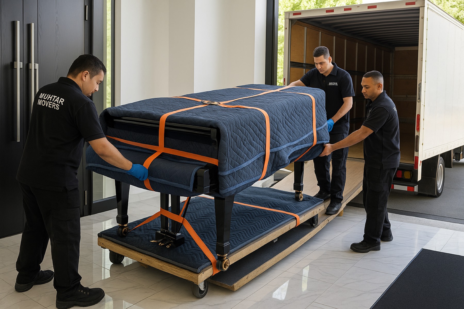 Muhtar crew moving a padded piano from a home onto a truck