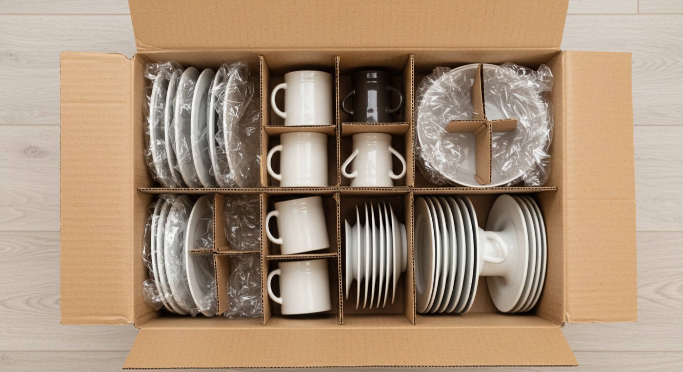 Dishes packed in divided cartons