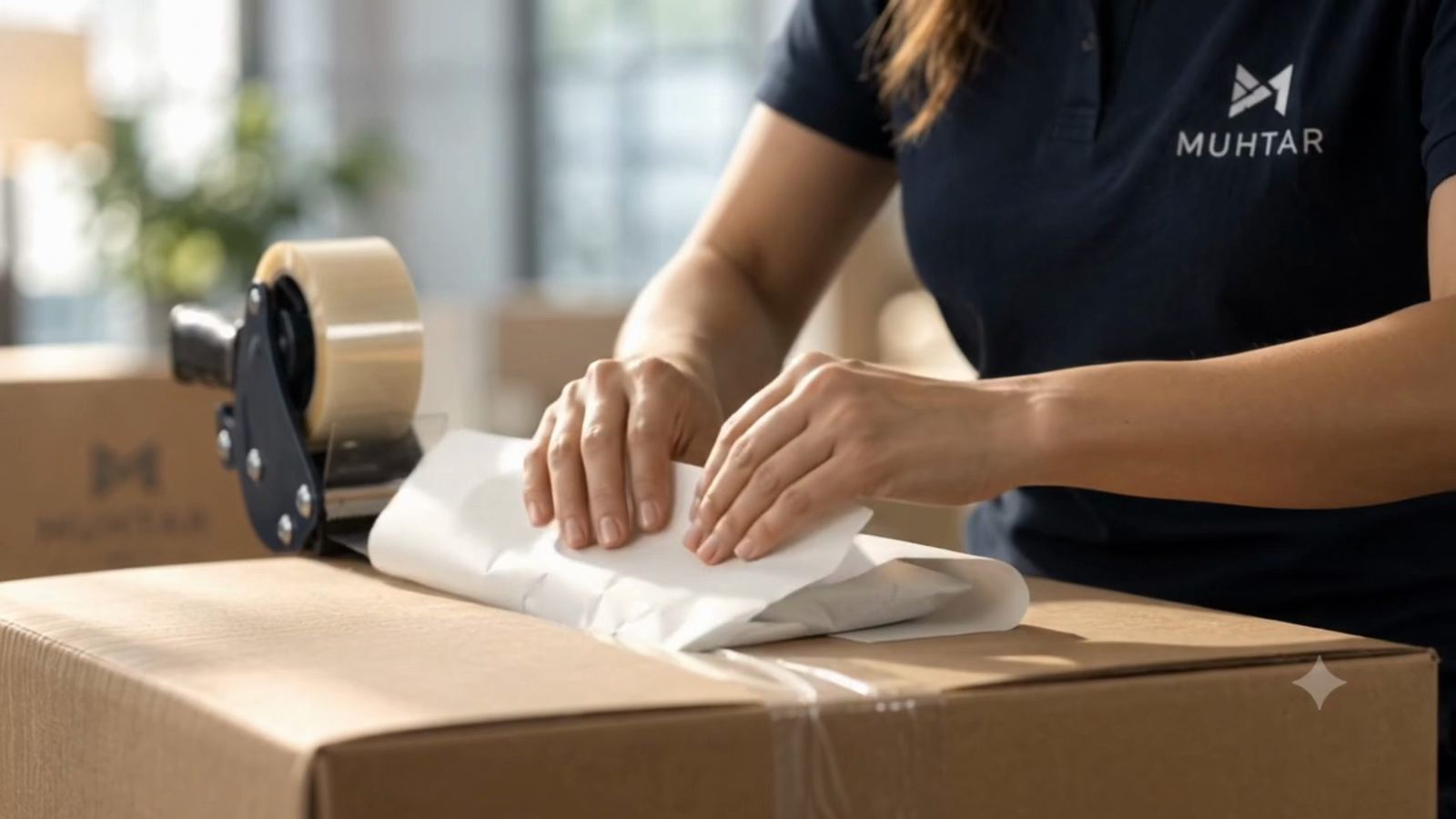 A Muhtar crew member sealing a wrapped item into a carton
