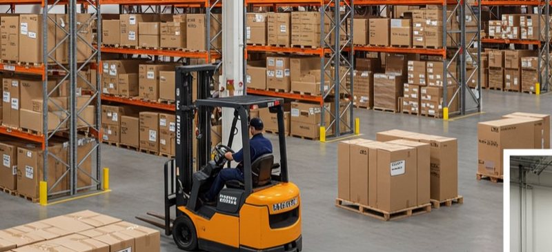 Forklift moving cartons on a warehouse floor